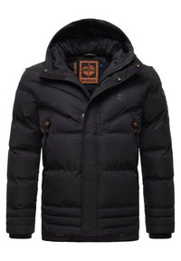 Svart puffjacka med huva, dragkedja och tryckknappsstängning, sidofickor och orangea detaljer. Texturerad tyg med kviltat mönster.