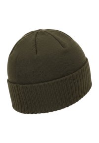 Olive green knit beanie hat with a ribbed cuff, featuring a smooth texture and rounded top, designed for warmth and comfort.