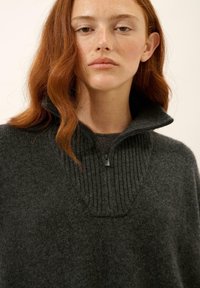 Pullover lavorato a maglia di un grigio scuro con colletto a coste e chiusura con zip. Tessuto morbido, vestibilità comoda, senza ulteriori motivi o decorazioni.