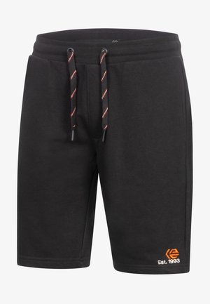 Zwarte katoenen shorts met een elastische tailleband en rode trekkoordjes, met een oranje logo en de borduursel "Est. 1993" op het been.