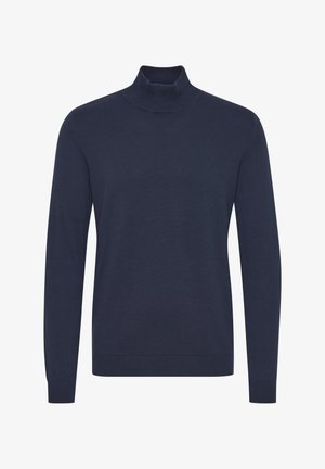 Marinefarbener Rollkragenpullover aus weichem Strickmaterial. Verfügt über lange Ärmel, einen taillierten Kragen sowie gerippte Bündchen und Saum.