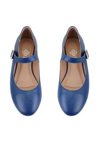 Blaue Leder-Mary-Jane-Schuhe mit runder Zehenform, flachem Absatz und verstellbarem Riemen mit silberner Schnalle. Glatte Textur mit beigem Innenfutter.