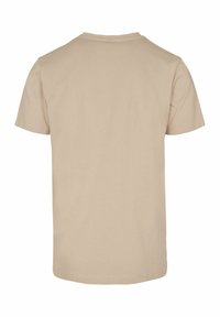 Beige bomulds t-shirt med korte ærmer og rund hals. Bagfra viser den en glat tekstur og et enkelt design uden dekorationer.