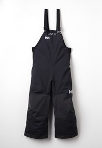 Schwarze wasserdichte Skihosen mit verstellbaren Trägern, verstärkten unteren Bereichen und Logodetails. Glatte Textur, weit geschnittenes Bein.