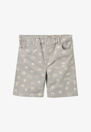 Light gray toddler shorts with beige beach-themed prints including suns, waves, palm trees, shells, and starfish, featuring an elastic waistband.