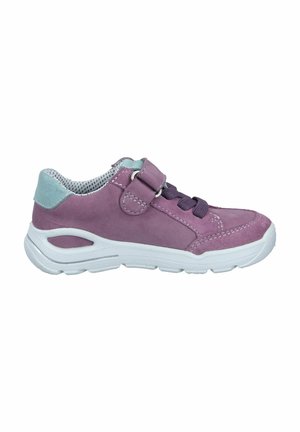 Purple suede sneaker with white rubber sole. Features adjustable strap, lace-up front, and mesh lining. Light blue heel accent.