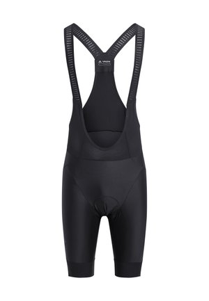 Zwarte wielerbroek met bretels, gevoerde zitting en mesh schouderbanden, ontworpen voor comfort en prestaties.