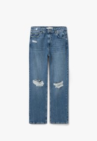 Jeans de mezclilla azul con un diseño de pierna recta, presentando desgastes y roturas en las rodillas y áreas deslavadas, con estilo de cinco bolsillos y pasadores para cinturón.