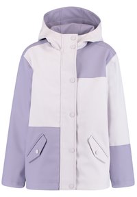 Svetle fialová a bílá dešťová bunda s kapucí, s barevným blokovým designem, patentkami a dvěma šikmými kapsami. Hladká textura.