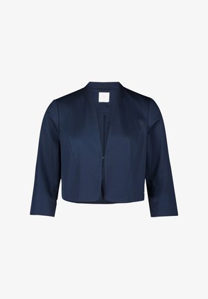 Marineblaue, kurz geschnittene Jacke aus glattem Stoff. Verfügt über einen breiten Kragen, offenen Verschluss und Ärmel in Dreiviertellänge.
