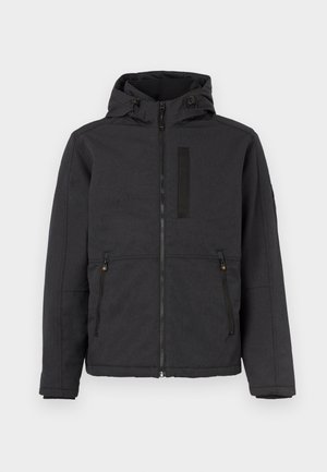 Veste à capuche noire avec fermeture éclair, deux poches latérales et une poche poitrine. Présente une texture lisse et des accents de design contrastants.