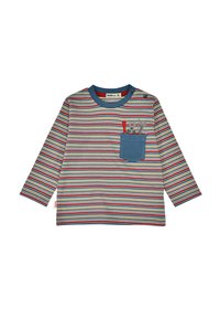 Langarm gestreifte Hemd in Grau, Blau, Rot und Grün, mit einer blauen Tasche, die dekorative Werkzeuge zeigt, Rundhalsausschnitt und Druckknopf an der Schulter.