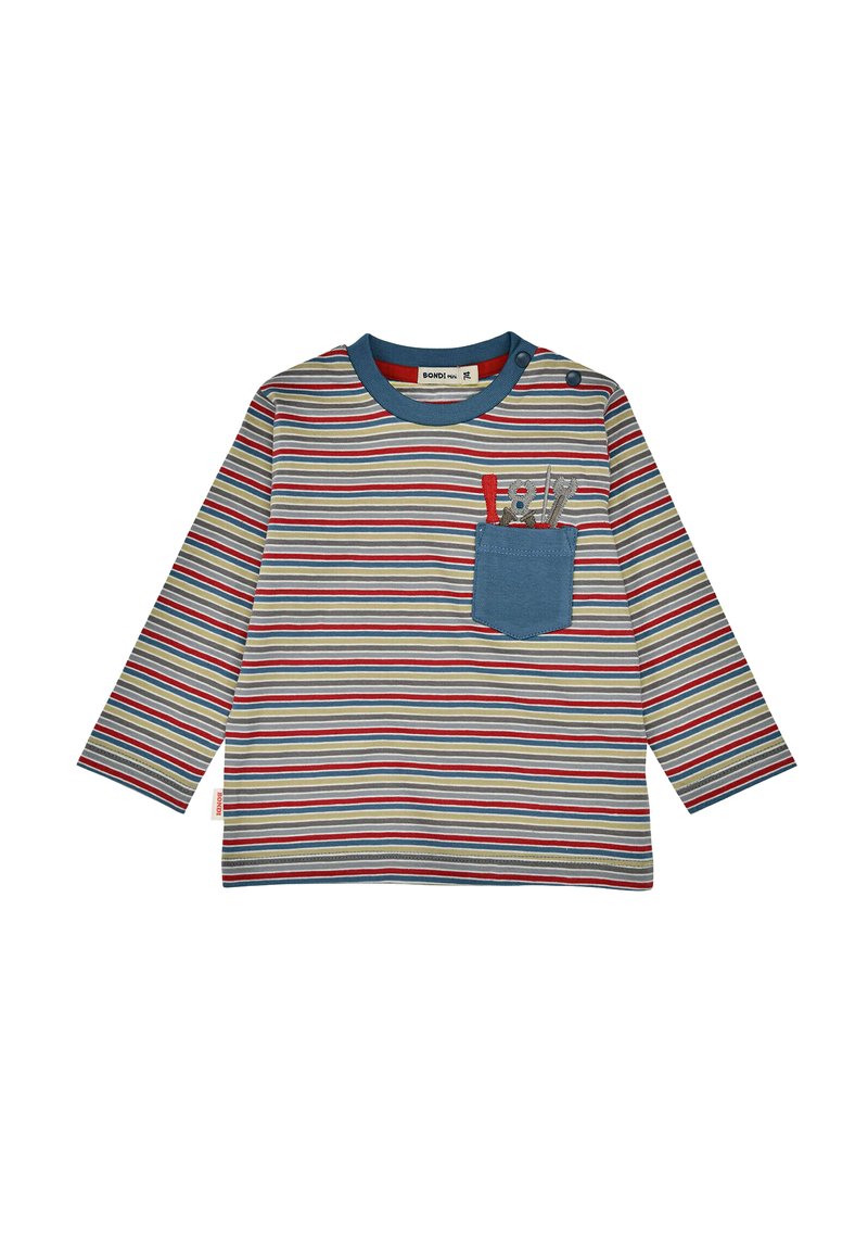 Langarm gestreifte Hemd in Grau, Blau, Rot und Grün, mit einer blauen Tasche, die dekorative Werkzeuge zeigt, Rundhalsausschnitt und Druckknopf an der Schulter.