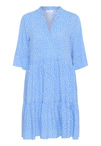 Blå klänning med korta utsvängda ärmar, med en V-halsringning, lagdelar och ett vitt prickmönster genom hela plagg. Slät tygkänsla.