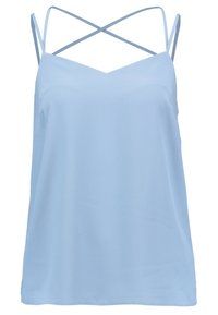Ljusblå ärmlös topp med V-ringning och korsande spaghetti-band. Slätt tyg, avslappnad passform, inga ytterligare mönster eller utsmyckningar.