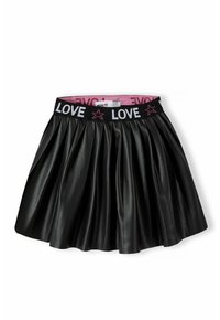 Gonna nera plissettata in ecopelle, dotata di una ampia vita elastica con un design "LOVE" nei toni del bianco e del rosa.