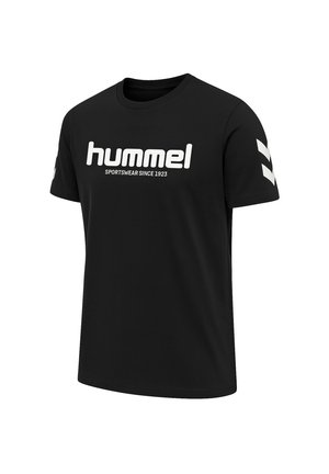 Schwarz Kurzarm-T-Shirt aus Baumwolle mit großem weißen "hummel"-Logo und Chevron-Akzenten auf den Ärmeln.