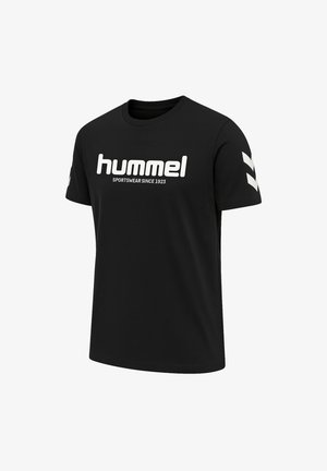 Schwarz Kurzarm-T-Shirt aus Baumwolle mit großem weißen "hummel"-Logo und Chevron-Akzenten auf den Ärmeln.