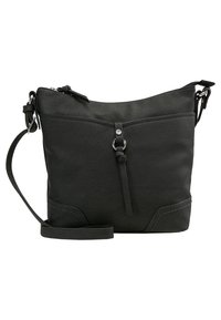 Sac bandoulière en cuir noir avec une texture lisse, fermeture zippée, sangle réglable et accent décoratif à l'avant.