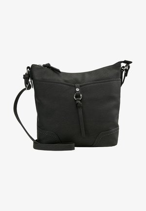 Sac bandoulière en cuir noir avec une texture lisse, fermeture zippée, sangle réglable et accent décoratif à l'avant.