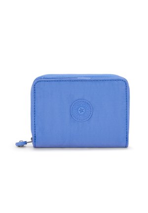 Portafoglio di tessuto blu con forma rettangolare, chiusura a zip, logo in rilievo sul frontale e superficie texturizzata. Design compatto, adatto per carte e monete.