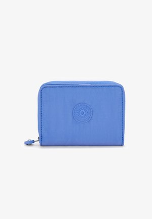 Portafoglio di tessuto blu con forma rettangolare, chiusura a zip, logo in rilievo sul frontale e superficie texturizzata. Design compatto, adatto per carte e monete.