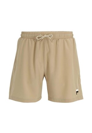 Pantaloni corti beige realizzati in tessuto leggero con cintura elastica e cordoncino. Presentano un piccolo logo nero sul lato sinistro.