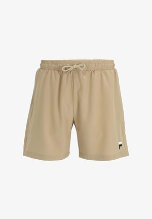 Pantaloni corti beige realizzati in tessuto leggero con cintura elastica e cordoncino. Presentano un piccolo logo nero sul lato sinistro.