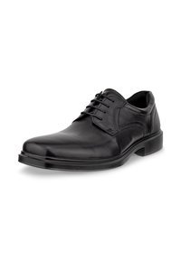 Schwarzer Herrenschuh aus Leder mit Schnürverschluss und niedrigem Absatz, leicht schräg auf weißem Hintergrund dargestellt.