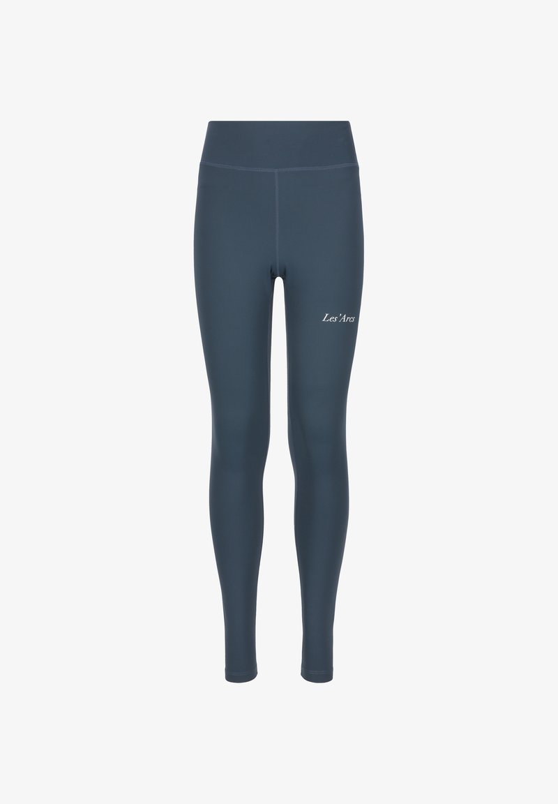 Leggings pour femmes bleu marine taille haute avec coupe slim et texte blanc "Les Arcs" sur la partie supérieure de la cuisse, présentés sur fond blanc.