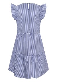 Blau-weiß vertikal gestreiftes knielanges Kleid mit kurzen Rüschenärmeln und einem Stufenrock, von hinten mit Reißverschluss.