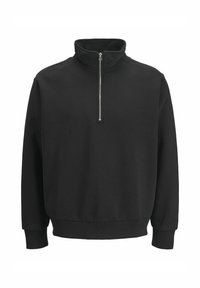 Felpa nera con colletto alto, mezza zip, maniche lunghe e polsini e orlo a coste. Texture liscia, design minimale, senza motivi.