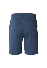 Marineblå shorts laget av mykt stoff, med elastisk midjebånd og en glidelåslomme på høyre side. Glatt tekstur, uformelt design.