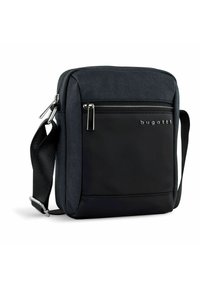 Borsa a tracolla nera con tessuto testurizzato e parte frontale in pelle liscia, dotata di tasca con zip sul davanti e tracolla regolabile.