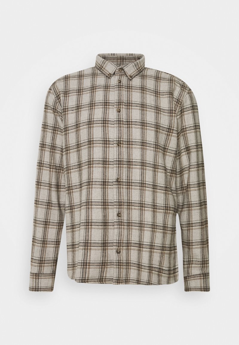 Chemise à boutons beige avec motif à carreaux marron. Tissu doux, manches longues, col classique et fermeture à boutons sur le devant.