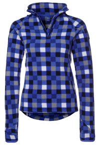 Blauwe en grijze geblokte fleece pullover met een half-rits hals en lange mouwen, met een zachte textuur en het Roxy-logo op de borst.