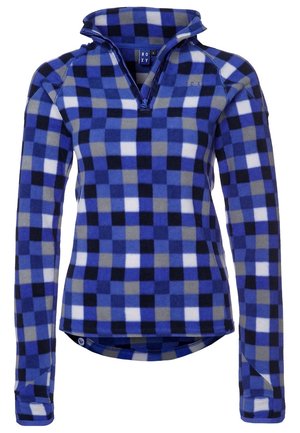 Blå og grå ternet fleece pullover med halv lynlås og lange ærmer, der har en blød tekstur og Roxy-logo på brystet.