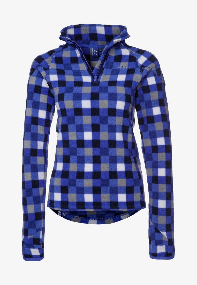 Blauwe en grijze geblokte fleece pullover met een half-rits hals en lange mouwen, met een zachte textuur en het Roxy-logo op de borst.
