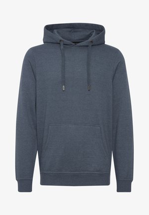 Tumedas sinises kapuutsiga sviiter. Omab eesmist taskut, stringe metalltipudega, soonikkoes varruka- ja allääri. Pehme, tekstureeritud kangas.