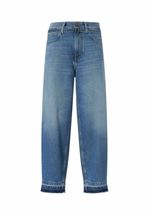 Jeans in denim blu a gamba dritta con vita alta, passanti per cintura, tasche frontali, chiusura con bottoni e orli leggermente sfilacciati.