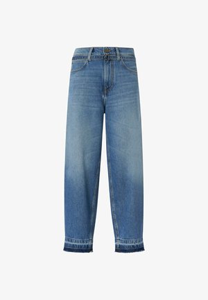 Jeans in denim blu a gamba dritta con vita alta, passanti per cintura, tasche frontali, chiusura con bottoni e orli leggermente sfilacciati.