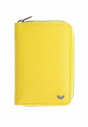 Portefeuille en cuir jaune avec fermeture éclair, surface texturée et petit logo argenté à cornes en bas à droite.