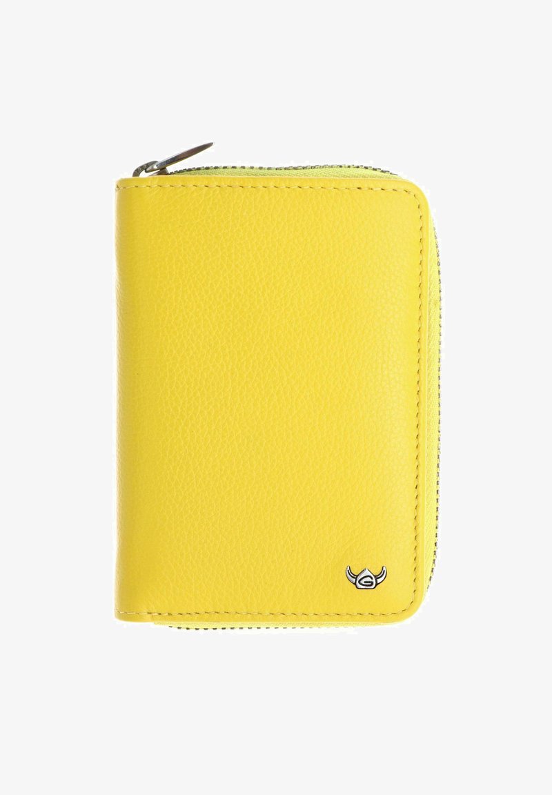 Portefeuille en cuir jaune avec fermeture éclair, surface texturée et petit logo argenté à cornes en bas à droite.