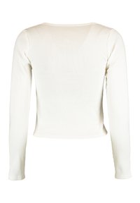 Langärmliges, geripptes Oberteil in Off-White mit Rundhalsausschnitt und figurbetontem Design. Weiche Textur mit einem leicht verkürzten Saum.