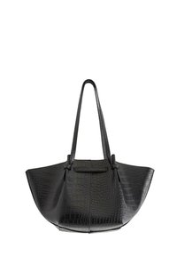 Borsa tote nera in pelle con effetto coccodrillo, dalla forma ampia e strutturata, con doppio manico e una finitura liscia e lucida. Presenta un pannello centrale e senza hardware visibile.