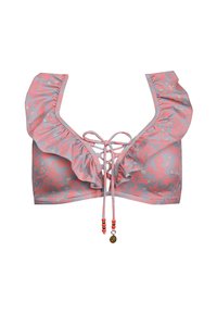 Szary bikini top w kwiatowy wzór z koralowymi falbankami, sznurowanym przodem i koralikami na troczkach. Miękka tekstura, dopasowany krój.