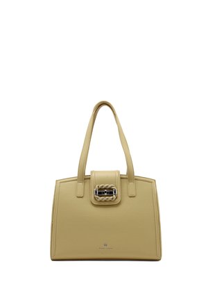 Borsa a tracolla in pelle beige con doppi cinturini per spalla e fibbia decorativa in metallo intrecciato sulla patta frontale.
