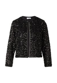 Czarna marynarka z cekinami, z okrągłym dekoltem, zamek błyskawiczny i długimi rękawami. Oferuje gęsto rozmieszczone cekiny, co nadaje fakturowe wykończenie.