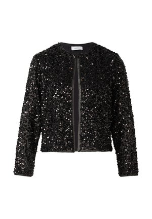 Czarna marynarka z cekinami, z okrągłym dekoltem, zamek błyskawiczny i długimi rękawami. Oferuje gęsto rozmieszczone cekiny, co nadaje fakturowe wykończenie.