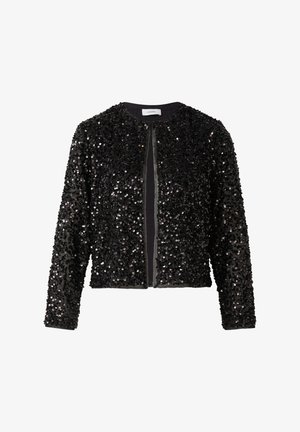 Czarna marynarka z cekinami, z okrągłym dekoltem, zamek błyskawiczny i długimi rękawami. Oferuje gęsto rozmieszczone cekiny, co nadaje fakturowe wykończenie.